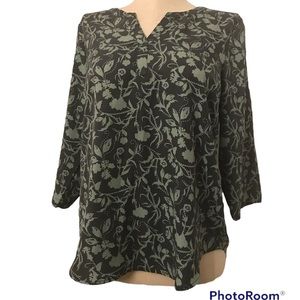 Christopher & Banks Tunic Size L 3/4 Sleeve V-Neck Floral Grey/ Green Pullover